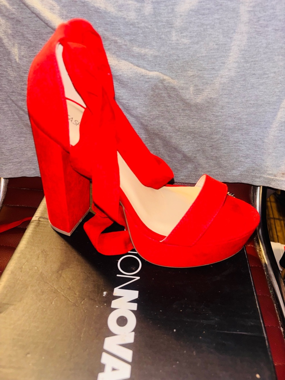 Red Suede Platform Block Heel Sandals with Ankle Tie
